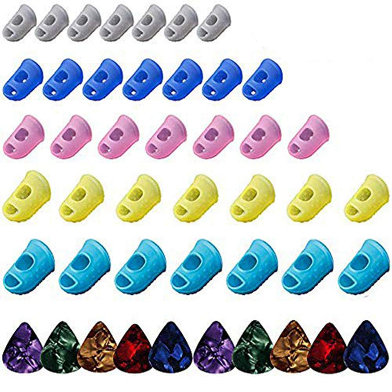 Guitar Silicone Finger Protector Covers - 5 Color Fingertip Protection Covers Caps in 5 Sizes for Beginner Playing Ukulele Electric Guitar and 10 Guitar Picks (Total 60 pcs)