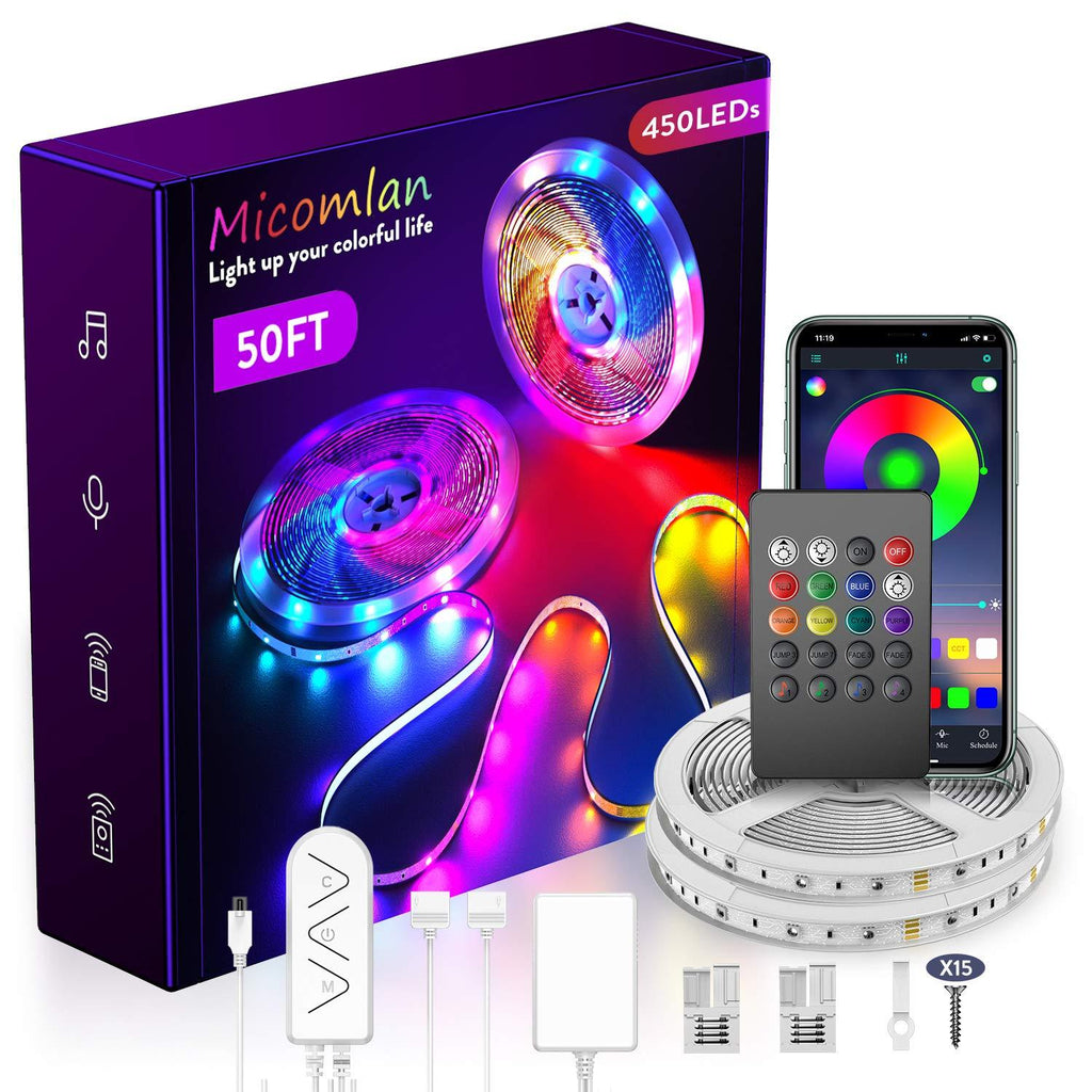 [AUSTRALIA] - Micomlan 50ft/15M Led Strip Lights,Music Sync Color Changing RGB LED Strip Lights Built-in Mic, Bluetooth app Controlled LED Lights Rope Lights, 5050 RGB LED Light Strip(APP+Remote+Mic+3 Button ) 