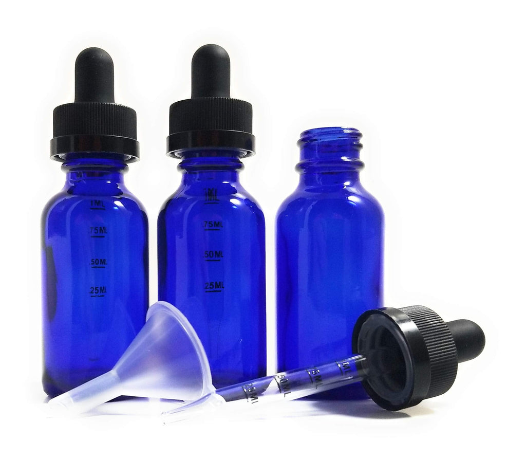 3 Pack of 1 oz cobalt blue Glass Dropper Bottles (30mL) with Child Resistant Graduated Measurement Marked Glass Droppers + Funnel:The Hemp Door