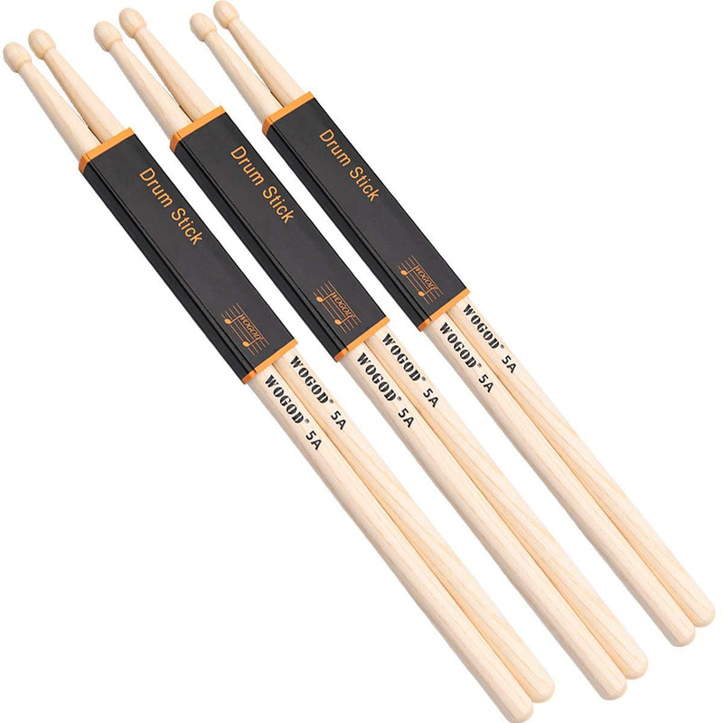WOGOD 5A Drum Sticks Classic Drumsticks Wood Tip Drumstick 3 Pair