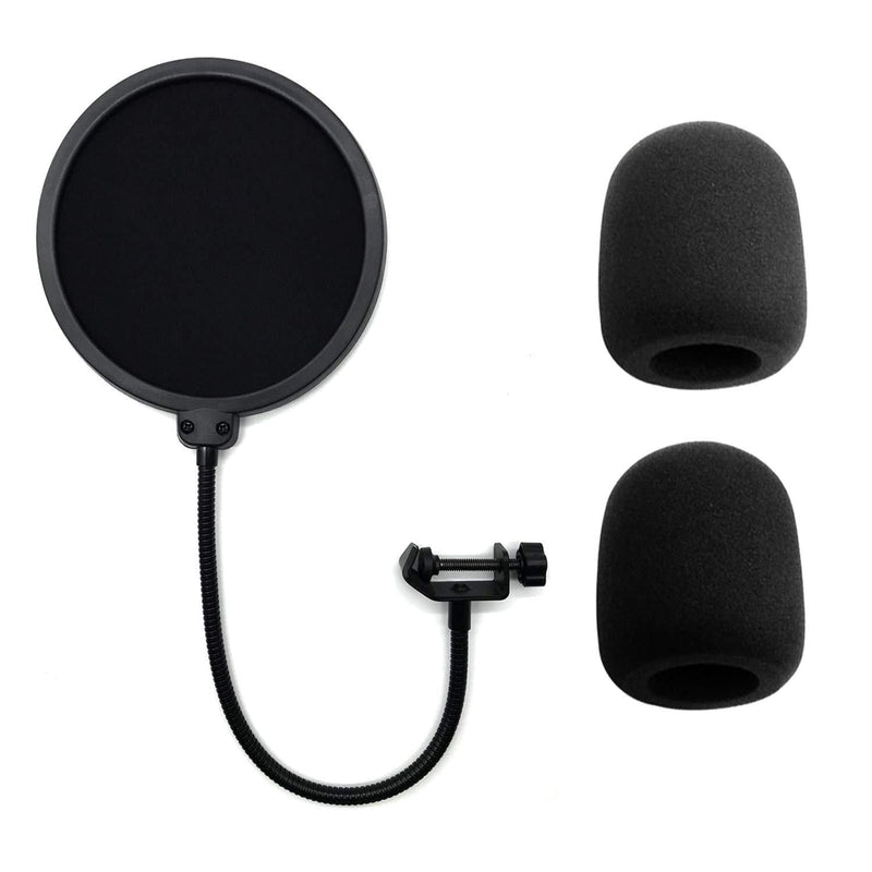 [AUSTRALIA] - 1 Pc Microphone Pop Filter Mask Shiled For Blue Yeti Dual Layer Mesh Mic Filters Wind Pop Screen With Flexible 360°Gooseneck Clip, 2 Pcs Mic Cover Foam 