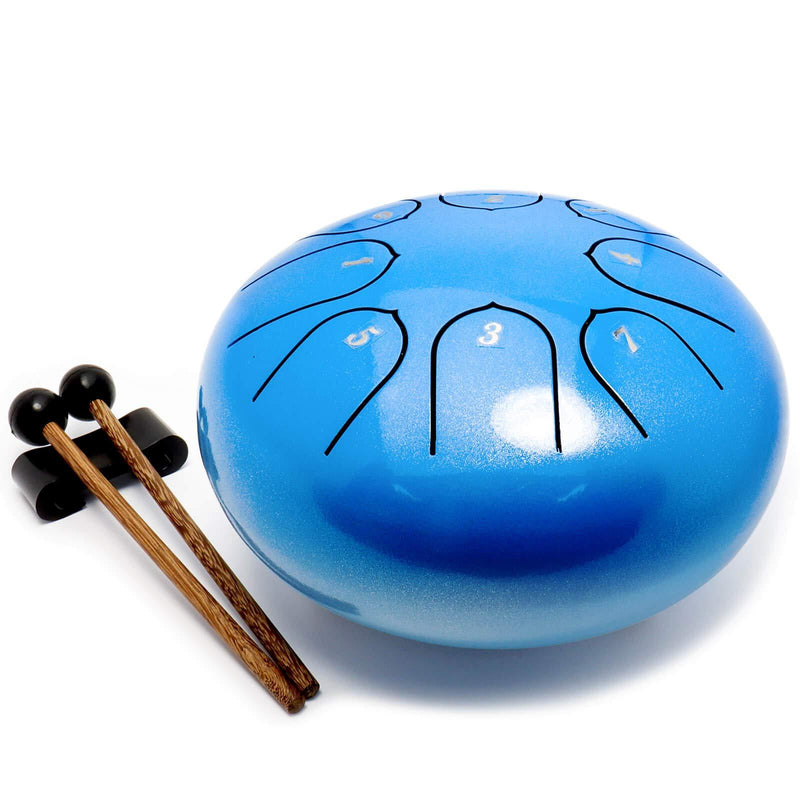 Steel Tongue Drum,Ironkoi 8 Notes 6 inch Tank Drum C Key Percussion Steel Drum Kit w/Drum Mallets Note Stickers Finger Picks Mallet Bracket(blue) 6 in 8 tone blue