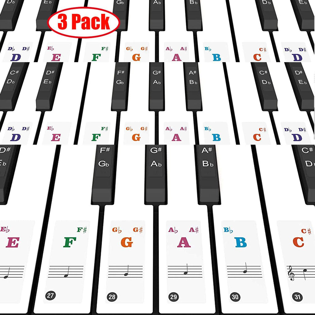 Lomodo 3 Pack Piano Keyboard Stickers for 37/49/54/61/88, White & Black, Transparent & Removable Piano Sticker, Leaves No Residue, Perfect for the Piano Beginners