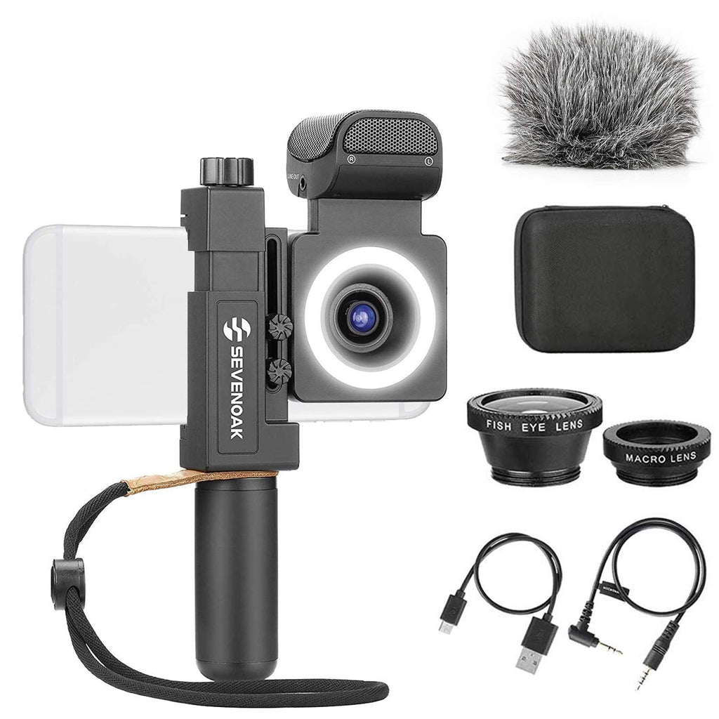 SmartCine Smartphone Video Rig with Built-in Stereo Microphone, LED Light, Wide-Angle Fisheye Lenses - Live Stream Selfie Youtuber Vlogger Microphone Kit Compatible with iPhone Android Phones