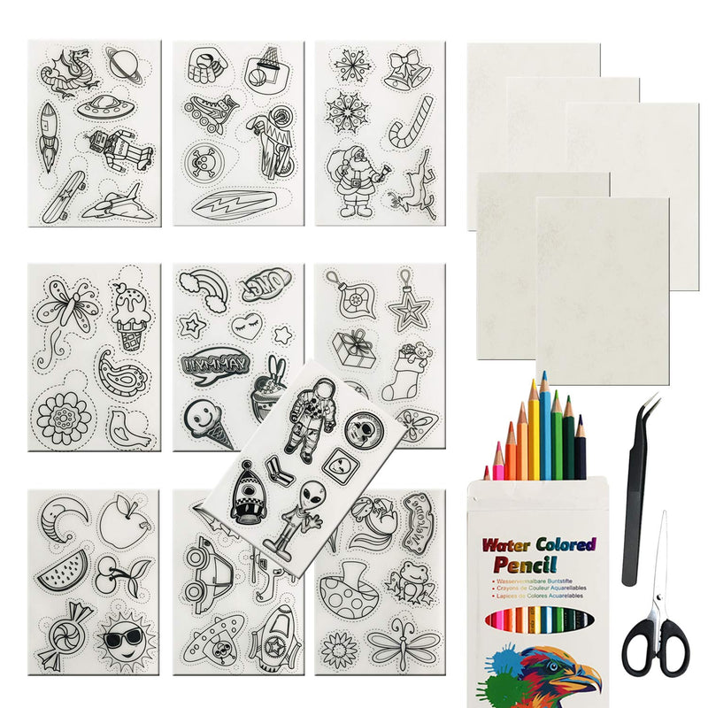 Woohome 19 PCS Heat Shrink Plastic Sheet Kit, 15 PCS Heat Shrink Paper with Chains, Pencils, Scissors and Tweezers for Adults Kids Creative Craft School Project D