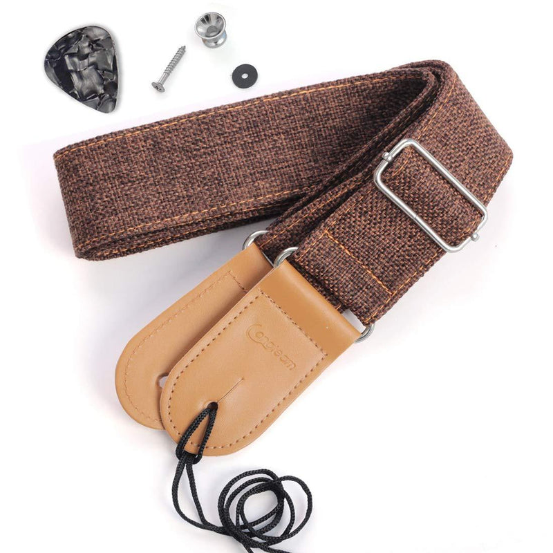 Longteam Simple Linen Leather Guitar Strap Adjustable Length Durable Electric Guitar Bass Straps with Nail, Rope, Picks (Coffee) Coffee