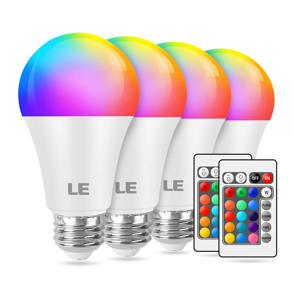 LE 9W Color Changing Light Bulbs with Remote, Dimmable LED Light Bulb, 60W Equivalent 806 Lumens Warm White, RGB Decorative Lighting for Home Bar Party Bedroom, A19 E26 Screw Base (4 Pack) 4