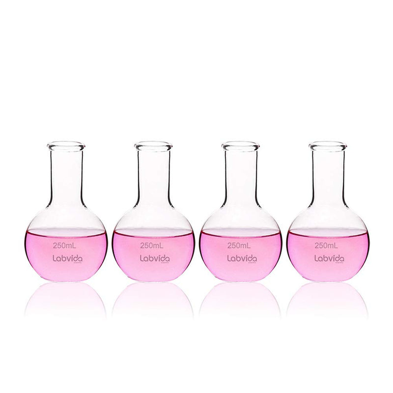 Labvida 4pcs of Glass Boiling Flasks of Flat Bottom, Vol.250ml, Borosilicate 3.3 Glass, LVD001 Vol. 250ml , Pack of 4