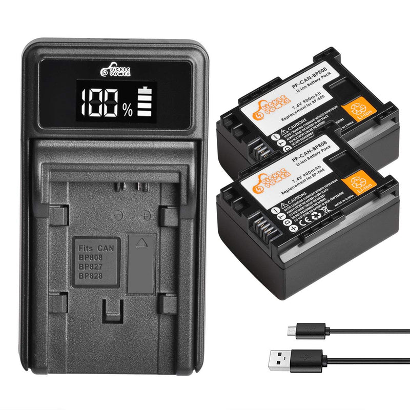 BP-808,Pickle Power 2 Pack Battery and LED Charger Compatible with Canon BP-807, BP-808, BP-809 and Canon HFM400 HF100 M300 S100 S200 FS36 FS37 HF200 HFS11 HF100 HF20 HG21 FS406