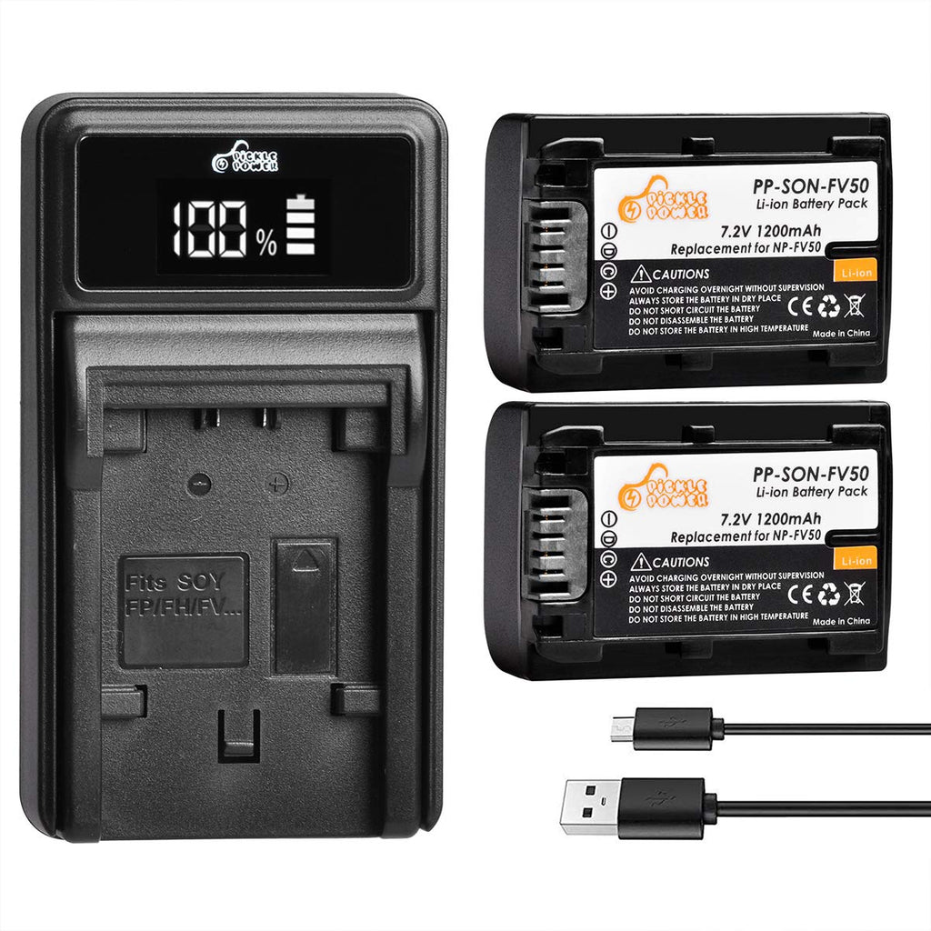 NP-FV50, Pickle Power 2 Pack Battery and Charger Set Compatible with Sony NP-FV30,NP-FV40,NP-FV50, FDR-AX53 HDR-CX230 HDR-CX220 CX330 CX380 CX455 CX900 CX290 CX430V PJ200 TD30V Camcorder and More