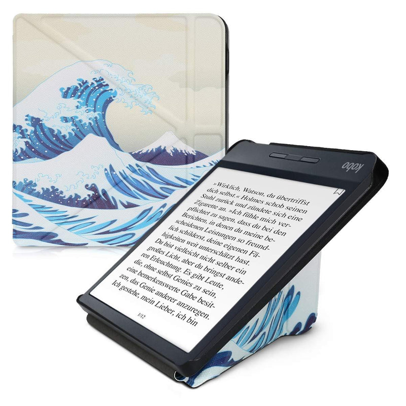 kwmobile Origami Case Compatible with Kobo Libra H2O - Case Slim Premium PU Leather Cover with Stand - Japenese Wave Blue/White/Beige Japenese Wave 04-02-11