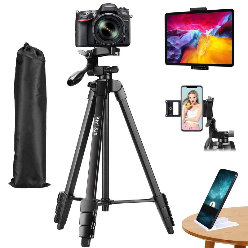 Lusweimi 60-Inch Tripod for ipad iPhone, Camera Tripod for Phone with 2 in 1 Tripod Mount Holder for Cell Phone/Tablet/Webcam/Gopro/All Cameras, Tripod with Carry Bag for Travel/Photography/Video
