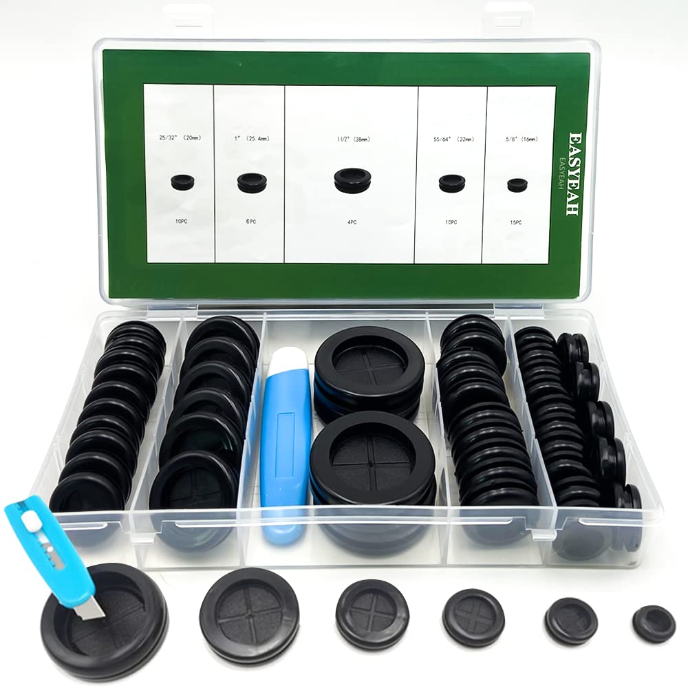 45 PCS Rubber Grommet 1-1/2"、1"、7/8"、13/16"、5/8"Drill Hole，Firewall Hole Plug Set Electrical Wire Gasket Kit Rubber Gasket Kit，Firewall Plug Grommet, Round