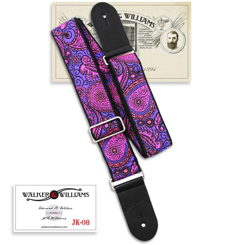 Walker & Williams JK-08 Vintage Modern Hot Magenta And Purple Paisley Design With Chrome Hardware & Leather Ends