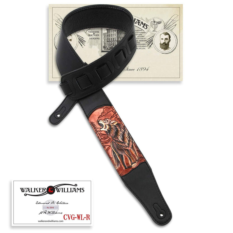 Walker & Williams CVG-WL-R Hand Carved Brick Red & Brown Howling Timber Wolf On Black Leather Strap