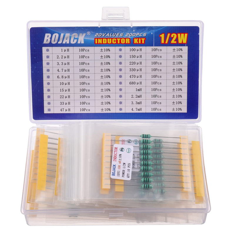 BOJACK 20 Values 200 Pcs Inductor 1 uH to 4.7 mH 0.5 W Color Ring Inductor 1/2 Watt Assortment Kit