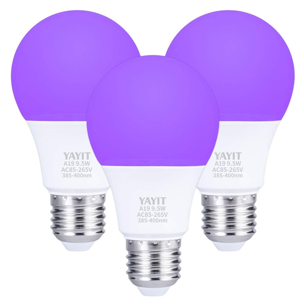 [AUSTRALIA] - YAYIT 3 Pack LED Black Lights Bulb,9.5W A19 E26 Bulb,385-400nm,Glow in The Dark for Blacklight Party,Halloween,Body Paint,Fluorescent Poster,Neon Glow 