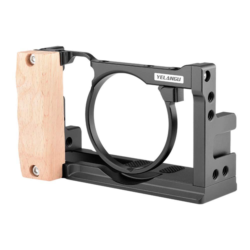 YELANGU Camera Cage for Sony RX100 VII and RX100 VI, Aluminum Alloy Camera Vlog Video Making Bracket with Wooden Handle Grip and Cold Shoe for Sony DSC-RX100M7 DSC-RX100M6 Vlogging Accessories