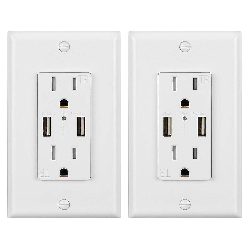 J&D 4.2A USB Wall Outlet Charger, 2 Packs White USB Charger in-Wall Outlet ETL List High Speed Dual USB Charging Ports with 15A TR Tamper-Resistant Duplex Receptacle 2 Pack