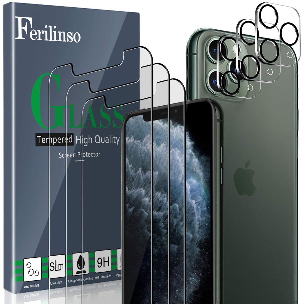 Ferilinso Screen Protector for iPhone 11 Pro with 3 Pack Camera Lens Protector, Tempered Glass Film for iPhone 11 Pro 5.8 Inch [Military Protective] [Case Friendly] [Anti-Fingerprint] [Anti-Scratch] 3 pcs-Clear