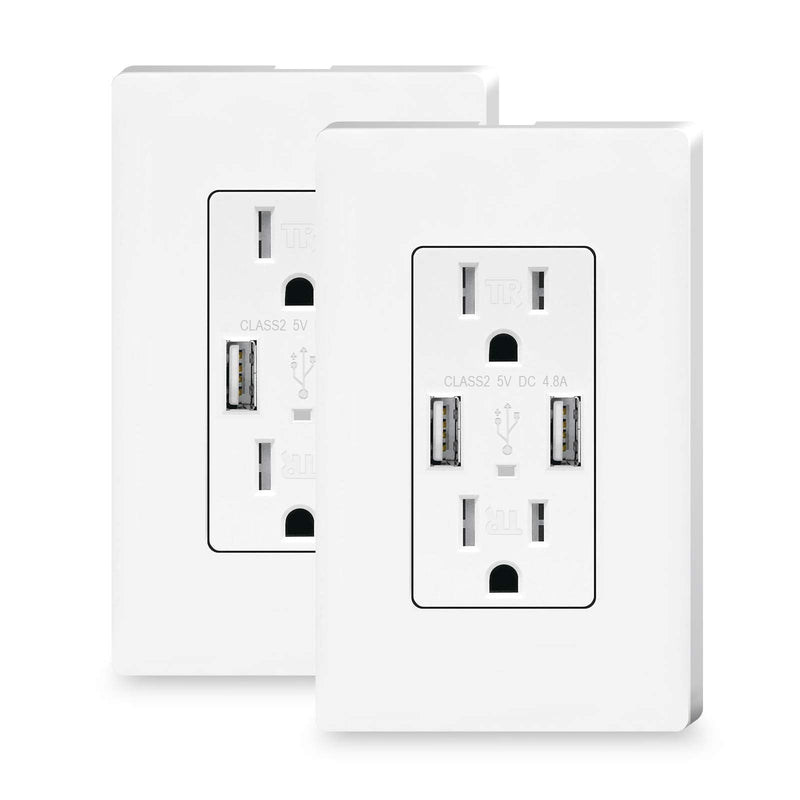 [AUSTRALIA] - TOPELER 2Pack USB Wall Outlet, 4.8A High Speed USB Ports with Smart Chip, 15A Tamper Resistant Electrical Receptacle Socket, Screwless Wall Plate Included, UL & FCC Approved White 