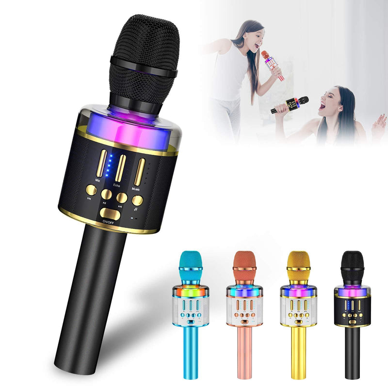 [AUSTRALIA] - Verkstar Karaoke Microphone for Kids & Adult Wireless Bluetooth Handheld Mic with LED Lights Magic Singing and Recording Speaker Machine for Party/Wedding/Christmas… black gold 