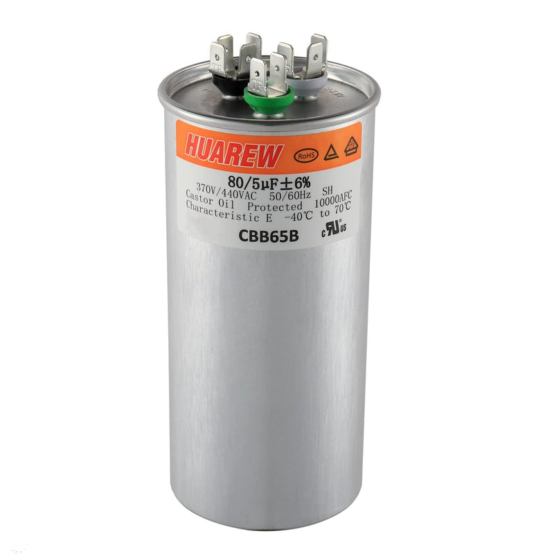HUAREW 80+5 uF ±6% 80/5 MFD 370/440 VAC CBB65 Dual Run Start Round Capacitor for Condenser Straight Cool or Heat Pump Air Conditioner or AC Motor and Fan Starting