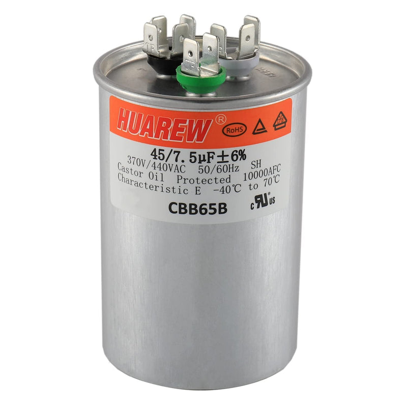HUAREW 45+7.5 uF ±6% 45 7.5 MFD 370/440 VAC CBB65 Dual Run Start Round Capacitor for Condenser Straight Cool or Heat Pump Air Conditioner or AC Motor and Fan Starting