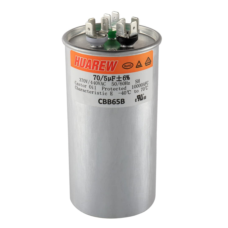 HUAREW 70+5 uF ±6% 70/5 MFD 370/440 VAC CBB65 Dual Run Start Round Capacitor for Condenser Straight Cool or Heat Pump Air Conditioner or AC Motor and Fan Starting