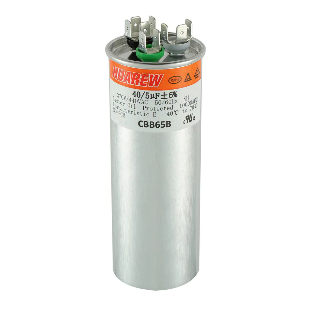 HUAREW 40+5 uF ±6% 40/5 MFD 370/440 VAC CBB65 Dual Run Start Round Capacitor for Condenser Straight Cool or Heat Pump Air Conditioner or AC Motor and Fan Starting