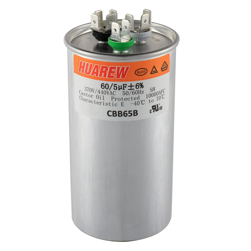 HUAREW 60+5 uF ±6% 60/5 MFD 370/440 VAC CBB65 Dual Run Start Round Capacitor for Condenser Straight Cool or Heat Pump Air Conditioner or AC Motor and Fan Starting