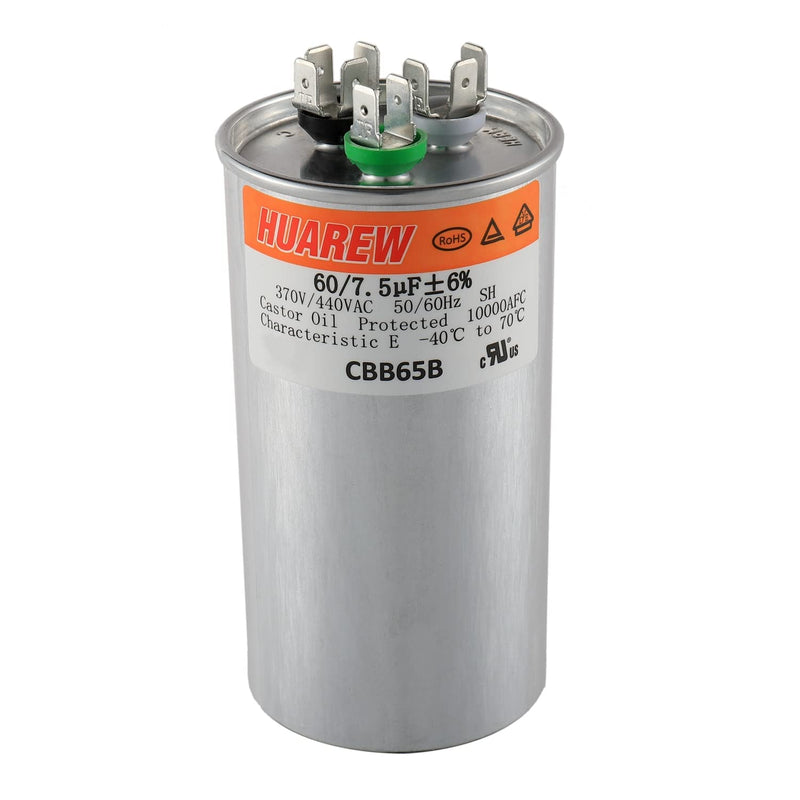 HUAREW 60+7.5 uF ±6% 60/7.5 MFD 370/440 VAC CBB65 Dual Run Start Round Capacitor for Condenser Straight Cool or Heat Pump Air Conditioner or AC Motor and Fan Starting