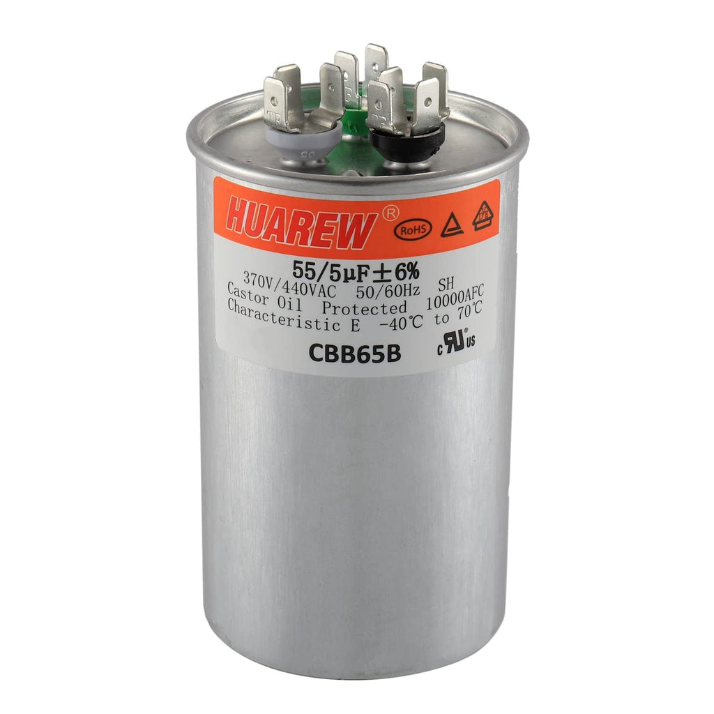 HUAREW 55+5 uF ±6% 55/5 MFD 370/440 VAC CBB65 Dual Run Start Round Capacitor for Condenser Straight Cool or Heat Pump Air Conditioner or AC Motor and Fan Starting