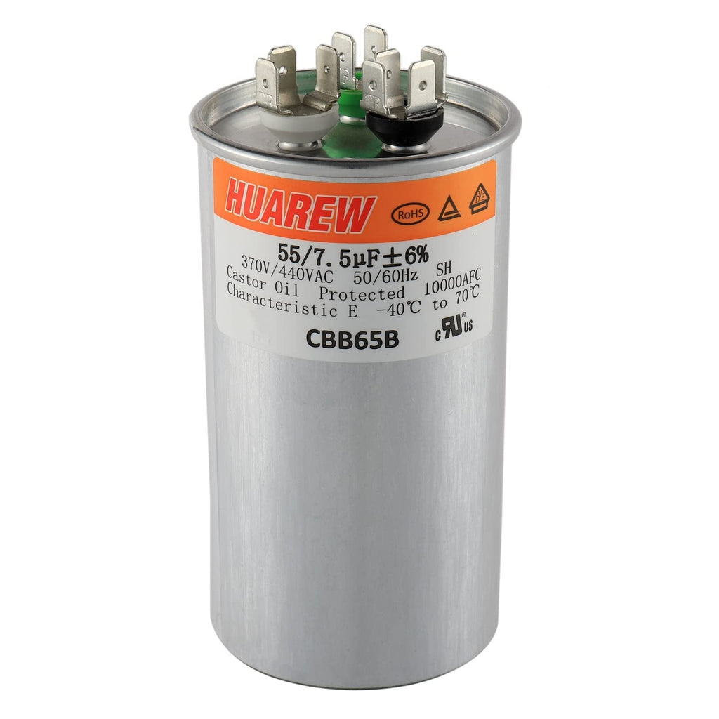 HUAREW 55+7.5 uF ±6% 55 7.5 MFD 370/440 VAC CBB65 Dual Run Start Round Capacitor for Condenser Straight Cool or Heat Pump Air Conditioner or AC Motor and Fan Starting