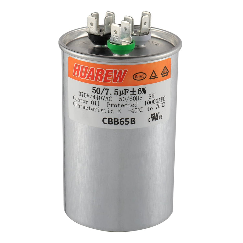 HUAREW 50+7.5 uF ±6% 50/7.5 MFD 370/440 VAC CBB65 Dual Run Start Round Capacitor for Condenser Straight Cool or Heat Pump Air Conditioner or AC Motor and Fan Starting