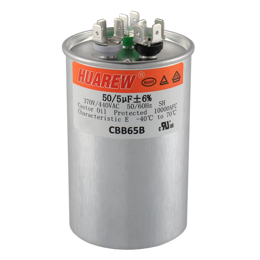 HUAREW 50+5 uF ±6% 50/5 MFD 370/440 VAC CBB65 Dual Run Start Round Capacitor for Condenser Straight Cool or Heat Pump Air Conditioner or AC Motor and Fan Starting
