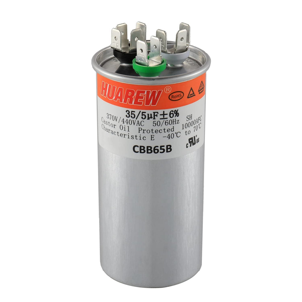 HUAREW 35+5 uF ±6% 35/5 MFD 370/440 VAC CBB65 Dual Run Start Round Capacitor for Condenser Straight Cool or Heat Pump Air Conditioner or AC Motor and Fan Starting