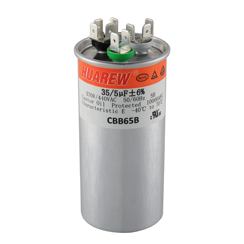 HUAREW 35+5 uF ±6% 35/5 MFD 370/440 VAC CBB65 Dual Run Start Round Capacitor for Condenser Straight Cool or Heat Pump Air Conditioner or AC Motor and Fan Starting