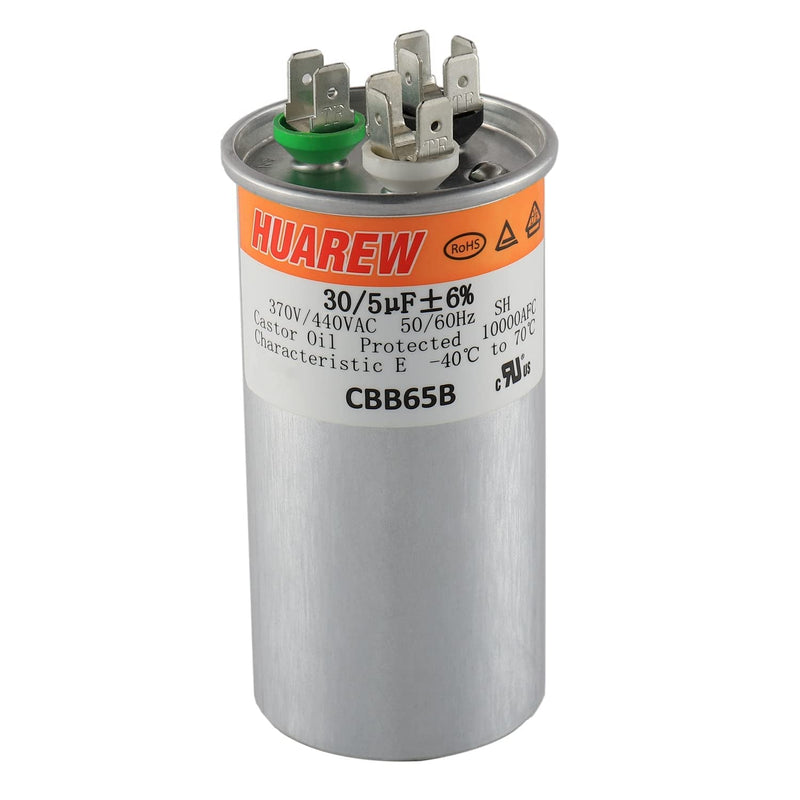 HUAREW 30+5 uF ±6% 30/5 MFD 370/440 VAC CBB65 Dual Run Start Round Capacitor for Condenser Straight Cool or Heat Pump Air Conditioner or AC Motor and Fan Starting
