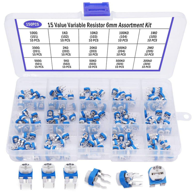 TWTADE 150Pcs 6mm Variable Resistor Potentiometer Assortment Kit 15 Values 100 ohm-2M ohm in Plastic Box DWJ-150P