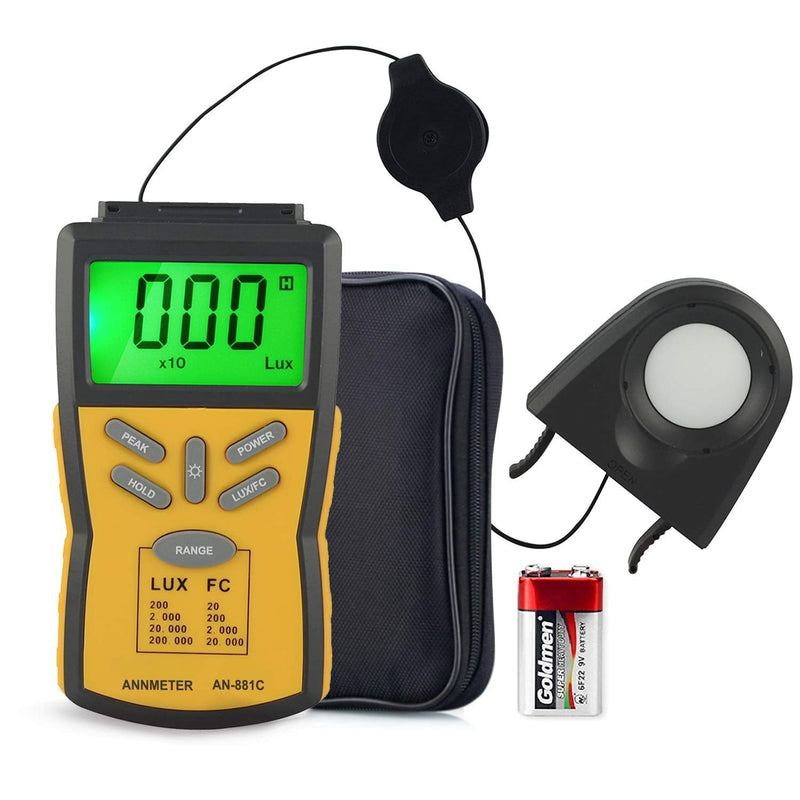ANNMETER AN-881C Digital Illuminance Meter, Lux Meter with 0.1~200,000 Lux (0.01~20,000FC) Measuring Ranges, Light Meter for Plants and Photography, Lumen Meter with Data Hold and Back Light AI-881C Illuminance meter Range 0.1~200,000Lux