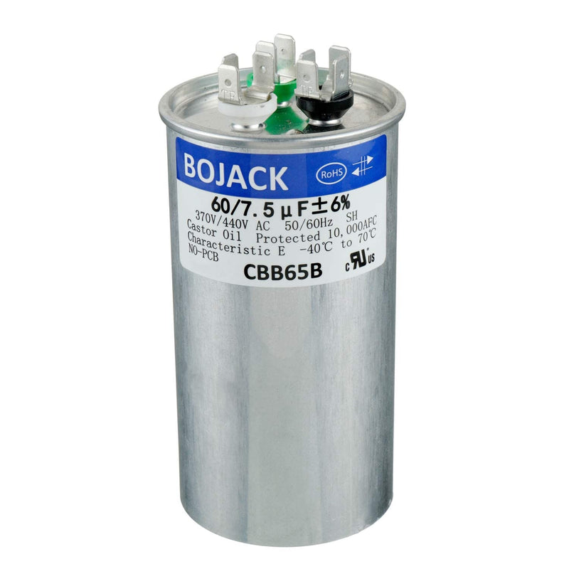 BOJACK 60+7.5 uF 60/7.5 MFD ±6% 370/440 V AC CBB65 Dual Run Circular Start Capacitor for AC Motor Run or Fan Start or Condenser Straight Cool or Heat Pump Air Conditioner