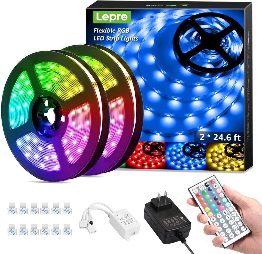 Lepro 50ft LED Strip Lights, Ultra-Long RGB 5050 LED Strips with Remote Controller and Fixing Clips, Color Changing Tape Light with 12V ETL Listed Adapter for Bedroom, Room, Kitchen, Bar(2 X 24.6FT)