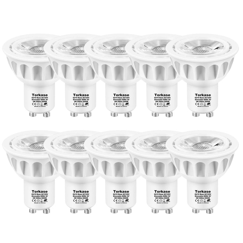 Torkase Dimmable GU10 LED Bulbs, 5000-Kelvin Daylight, 5W(50W Halogen Equivalent), 500-Lumens, 120V UL Listed 36-Degree Spot Track Lighting Bulb-10Pack Daylight White - 10 Pack