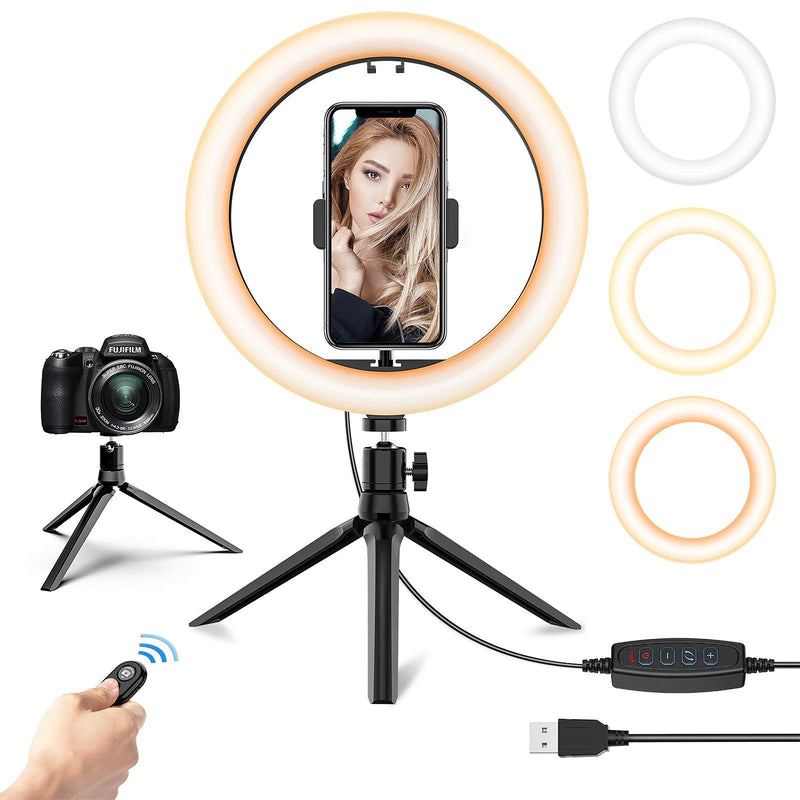 10.2'' Selfie Ring Light with Tripod Stand & Phone Holder - Upgraded Dimmable Camera Ring Light with Makeup Mirror for TikTok/YouTube/Live Stream/Makeup/Photography Compatible with iPhone Android Gray