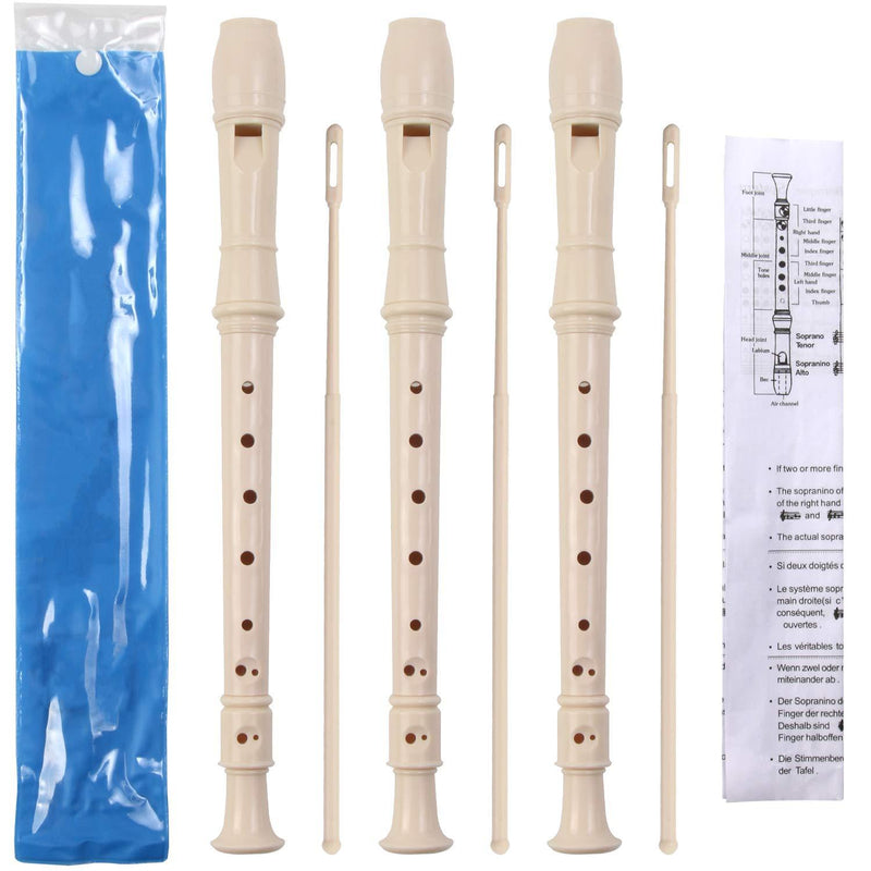 3 Pack 8 Hole Soprano Descant Recorder Instrument for Kids Recorders with Cleaning Rod and Instruction German Style (Ivory White)