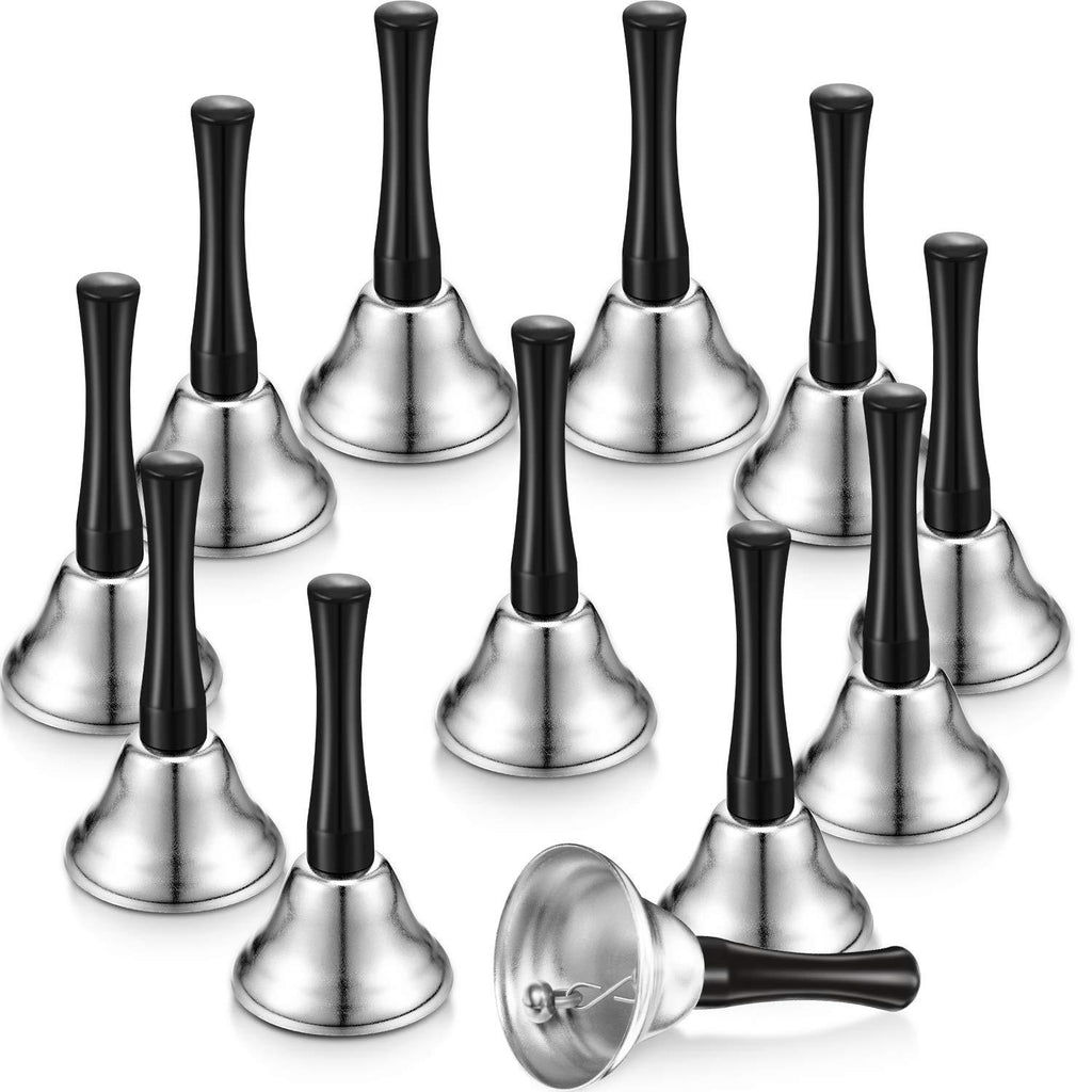 12 Pieces Metal Hand Bells Call Bell Service Hand Bells Black Wooden Handle Handbells Metal Handbells Musical Percussion for Schools (Silver) Silver