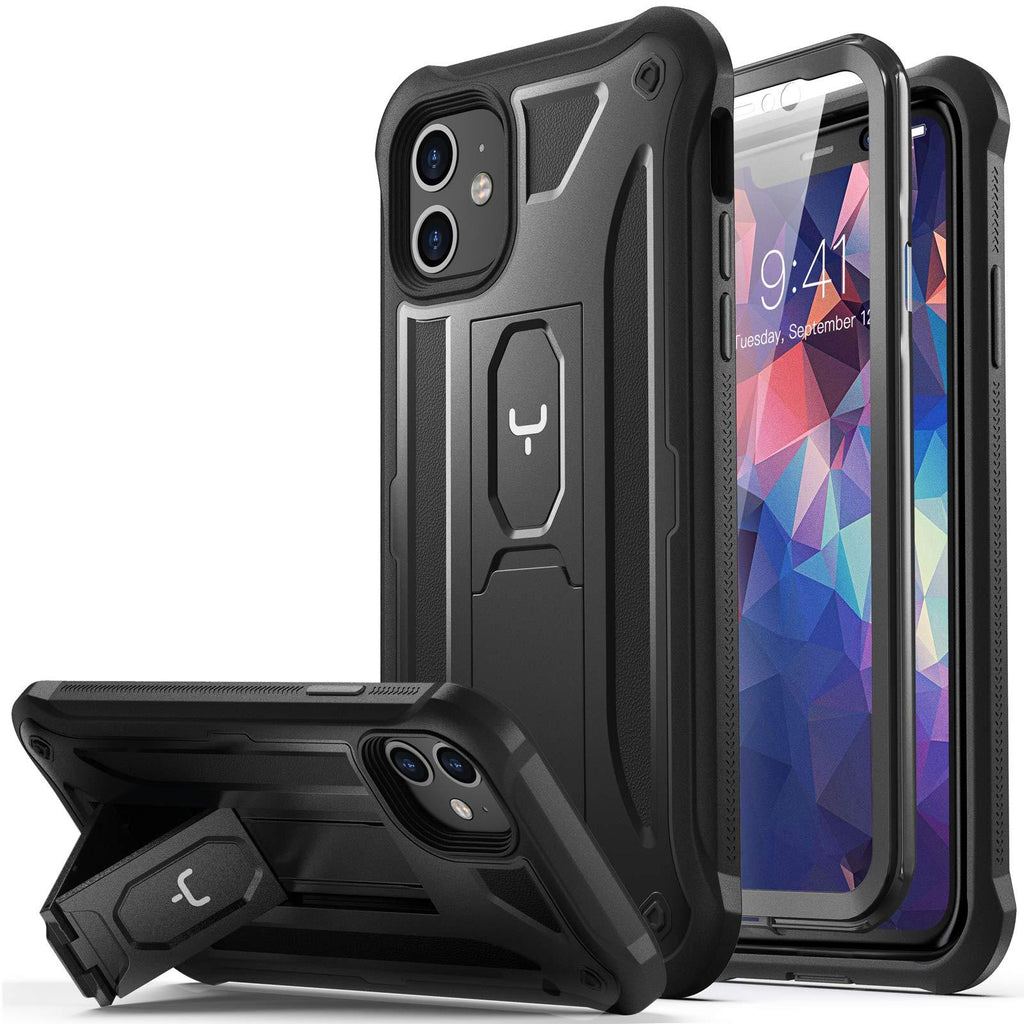 YOUMAKER Designed for iPhone 11 Case, Heavy Duty Protection Kickstand with Built-in Screen Protector Shockproof Cover for iPhone 11 6.1 Inch - Black