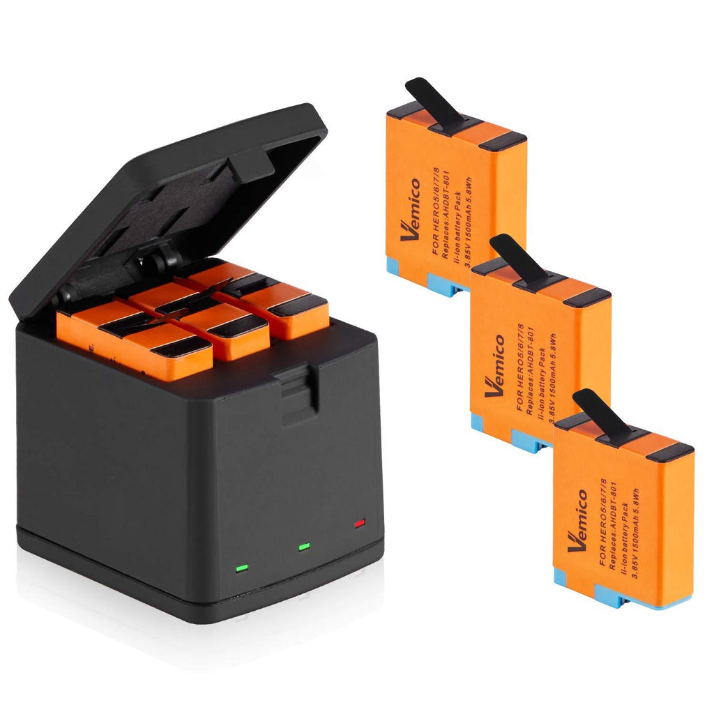 Vemico Battery Charger Kit Hero 8/7/6 3X1500mah Replacement Batteries and 3-Channel LED Type C USB Charger for GoPro Hero 8 Black/Hero 7/Hero 6/Hero 5/AHDBT-801(Fully Compatible with Original) Orange