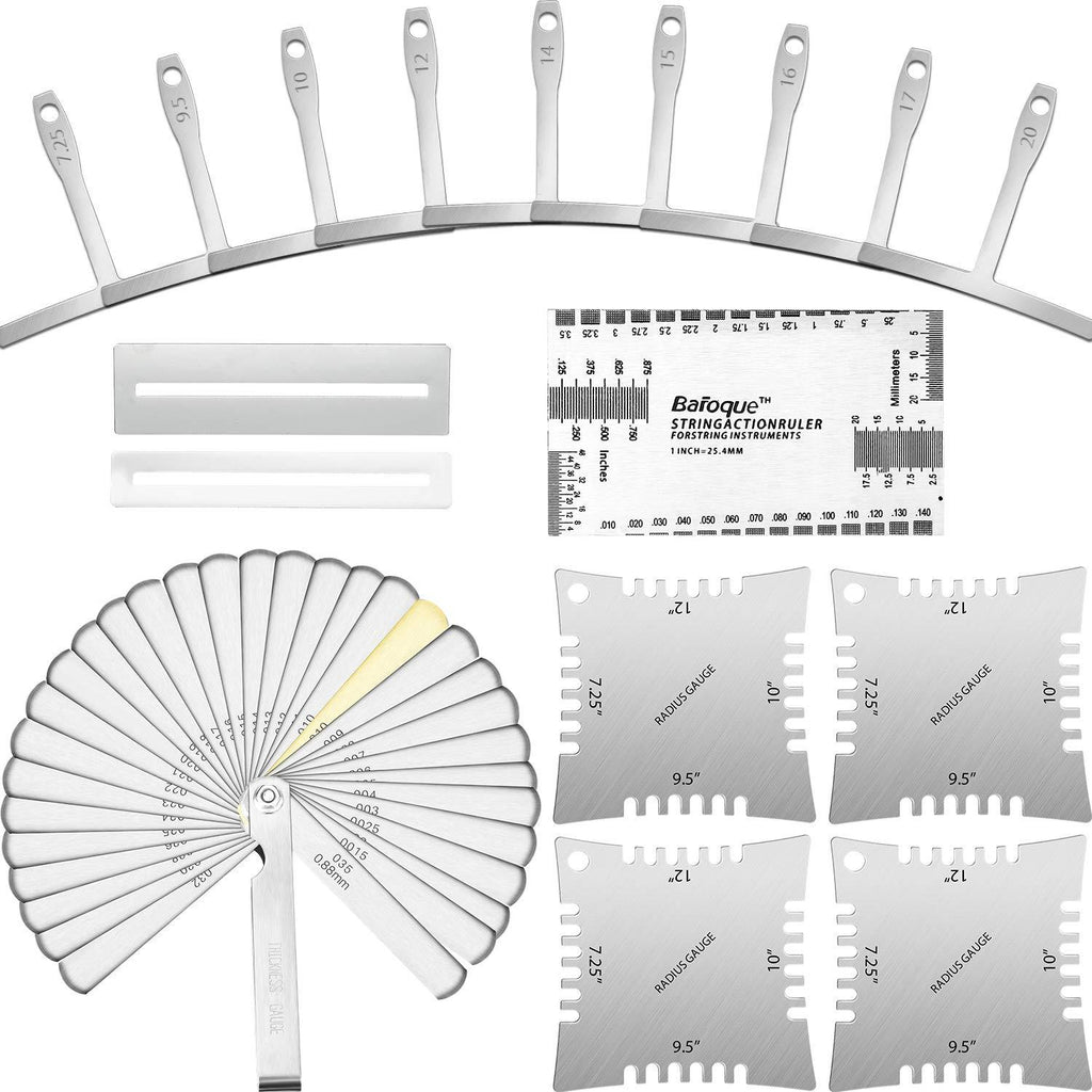 Guitar Luthier Tools Set, with 9 Understring Radius Gauge, 32 Feeler Gauge, 4 Guitar Notched Radius Gauge, 2 Guitar Fingerboard Guards, 1 String Action Ruler Gauge, 1 Grinding Stone for Guitar Bass